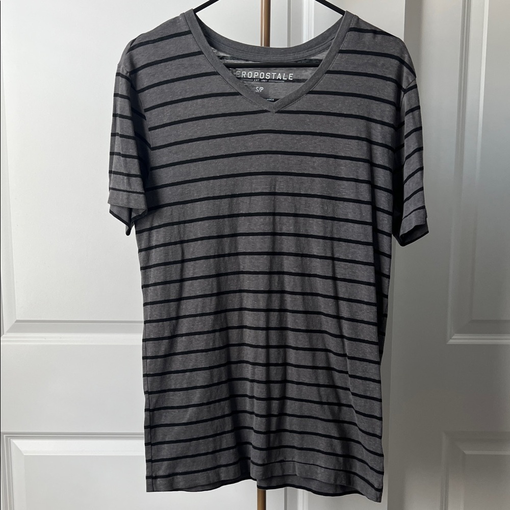 Aeropostale Men's Charcoal and Black Striped V-Neck Tee